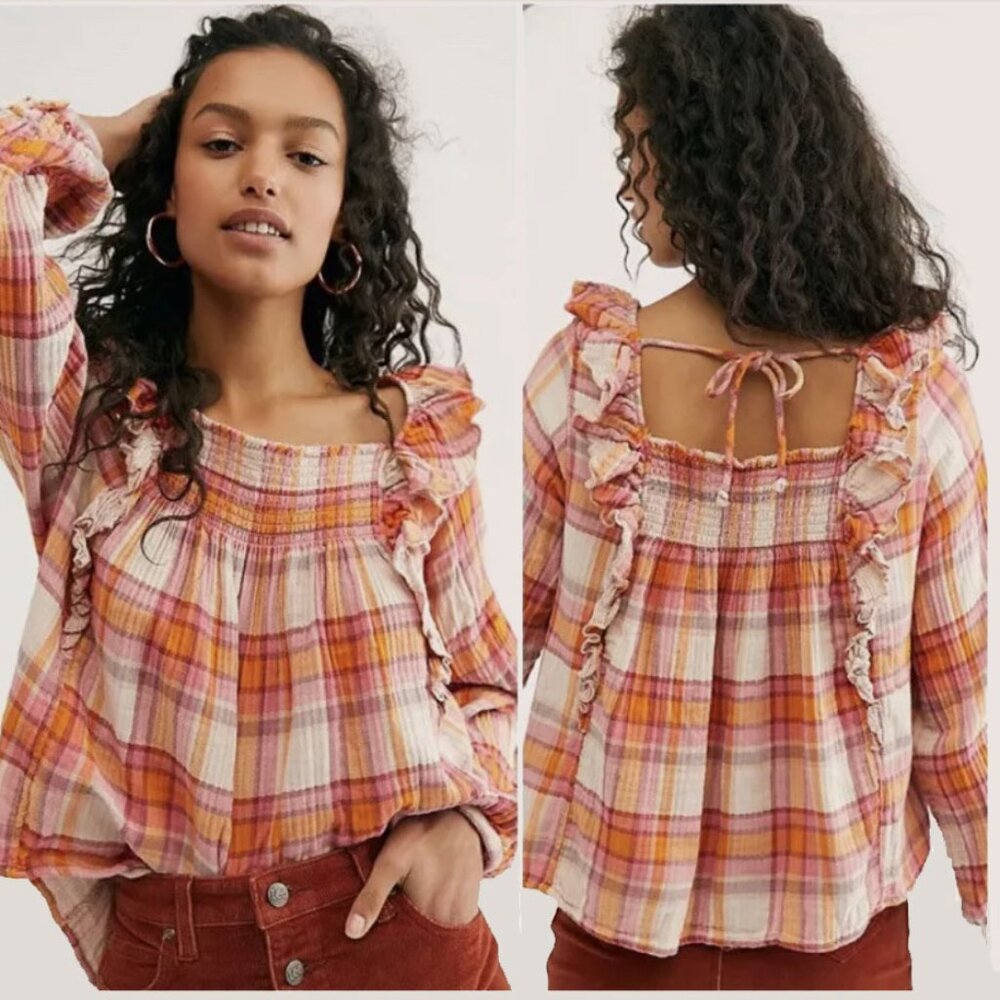 Free People Tea Combo Sienna Plaid Ruffle Blouse Multi XS